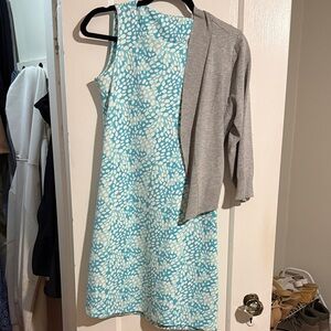 MAHI GOLD Blue and White Floral Mini Dress with Gray Cardigan
